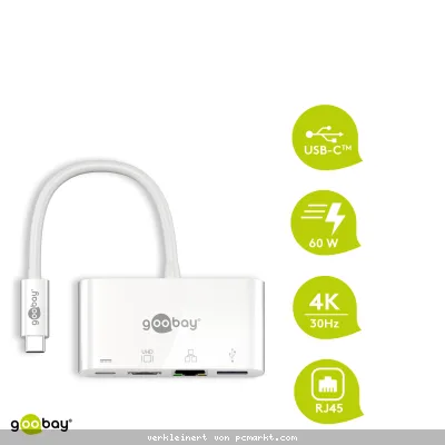 USB-C™ Multiport-Adapter HDMI+Ethernet, PD, weiß - erweitert ein USB-C™ Gerät um einen Ethernet-, einen HDMI™- und einen USB 3.0
