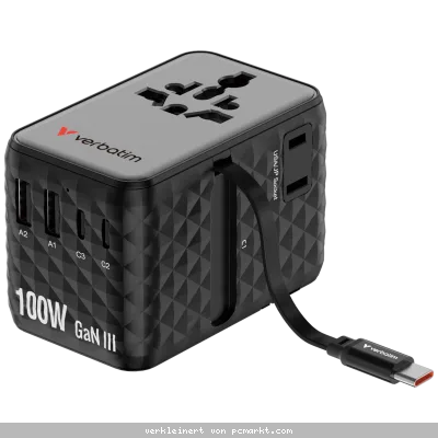 Verbatim Charge 'n' Travel 100W GaN III Universal Travel Adapter with Retractable USB-C Cable, 2 x USB-C, 2 x USB-A ports Schwarz