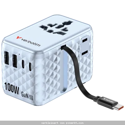 Verbatim Charge 'n' Travel 100W GaN III Universal Travel Adapter with Retractable USB-C Cable, 2 x USB-C, 2 x USB-A ports Blau