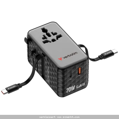Verbatim Charge 'n' Travel 70W GaN III Universal Travel Adapter with 2 Retractable USB-C Cables, 1 x USB-C, 1 x USB-A ports Schwarz