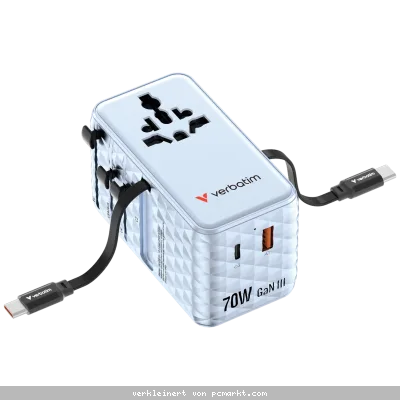 Verbatim Charge 'n' Travel 70W GaN III Universal Travel Adapter with 2 Retractable USB-C Cables, 1 x USB-C, 1 x USB-A ports Blau
