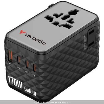 Verbatim Charge 'n' Travel 170W GaN III Universal Travel Adapter with 3 x USB-C, 1 x USB-A Ports