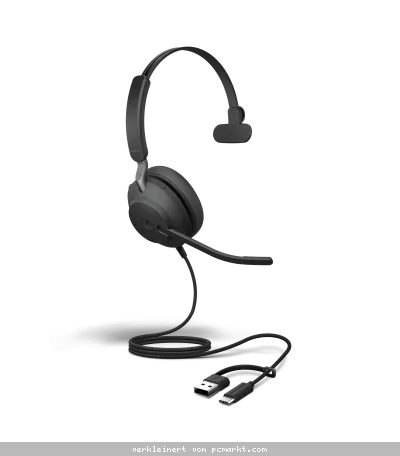 Jabra Evolve2 40 SE, Einseitiges Headset, Kabelgebunden USB-C/-A-Anschluss, 3 Mikrofone, Geräuschisolierendes Design, MS Teams zertifiziert