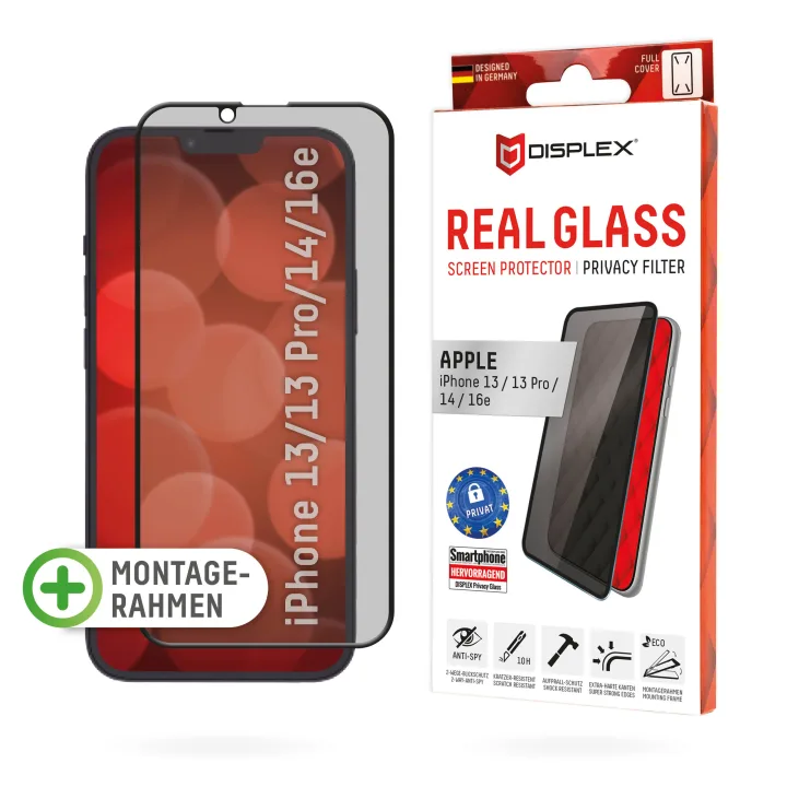 DISPLEX Privacy Full Cover Panzerglas (10H) für Apple iPhone 13/13 Pro/14/16e/17e