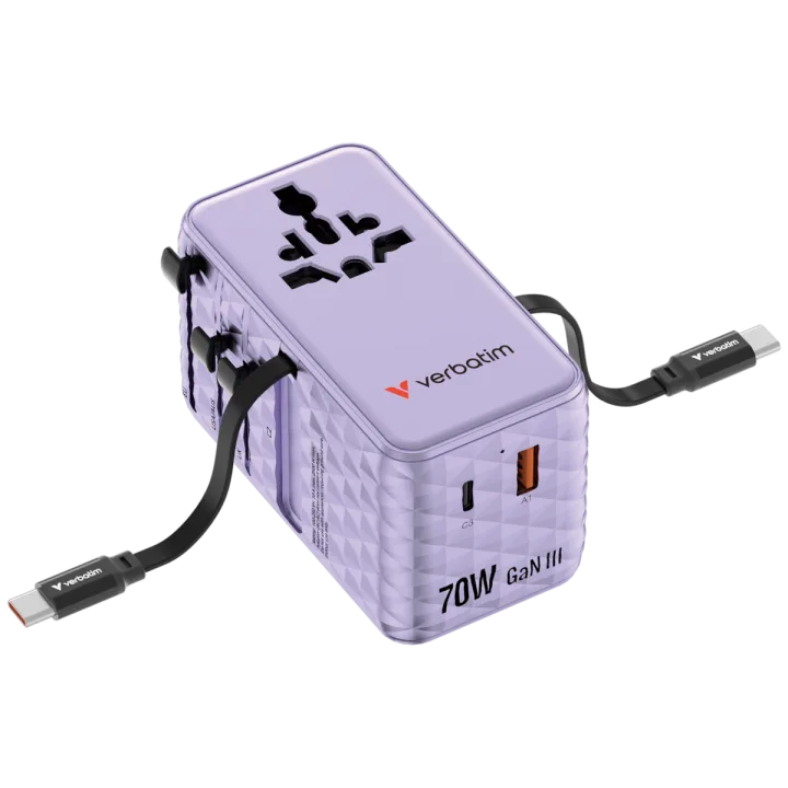 Verbatim Charge 'n' Travel 70W GaN III Universal Travel Adapter with 2 Retractable USB-C Cables, 1 x USB-C, 1 x USB-A ports Lila