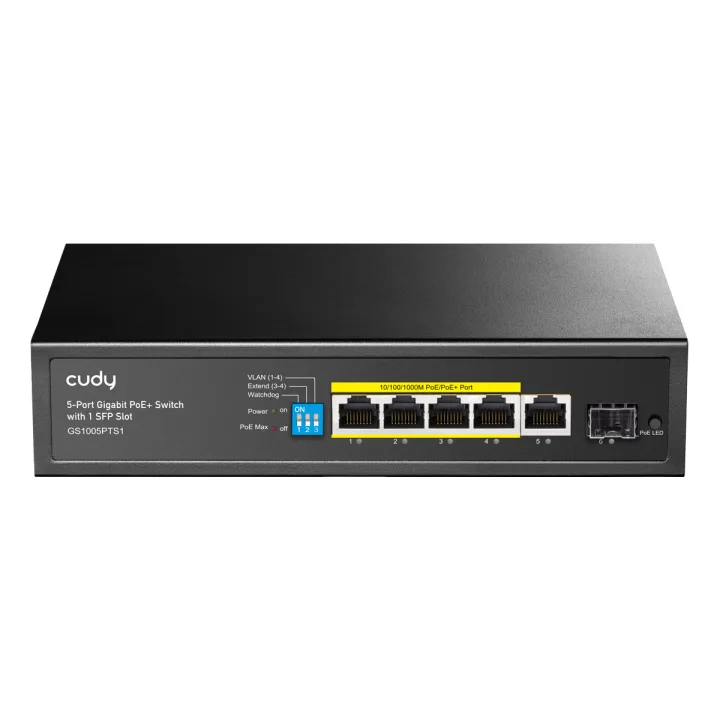 Cudy GS1005PTS1 Netzwerk-Switch 6-Port, Unmanaged, 5x Gigabit RJ45, 1x Gigabit SFP, 4x PoE+, 120W