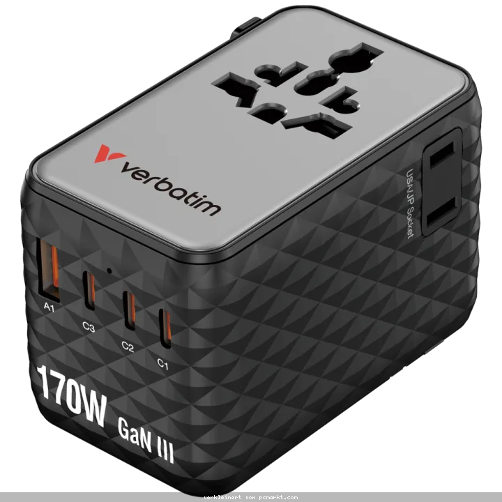 Verbatim Charge 'n' Travel 170W GaN III Universal Travel Adapter with 3 x USB-C, 1 x USB-A Ports
