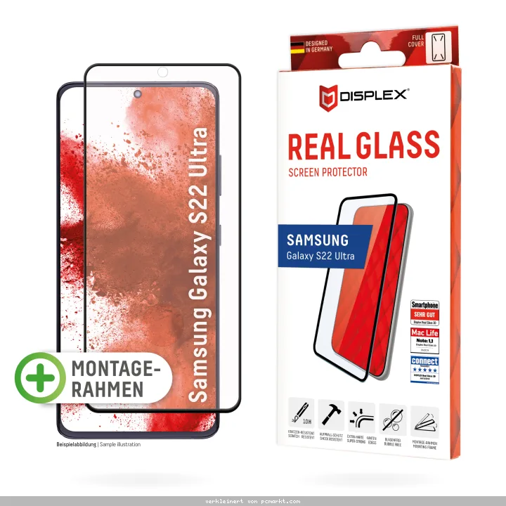DISPLEX Full Cover Panzerglas (10H) für Samsung Galaxy S22 Ultra Eco-Montagerahmen, volle Displayabdeckung, Tempered Glas, kratzer-resistente Schutzfo