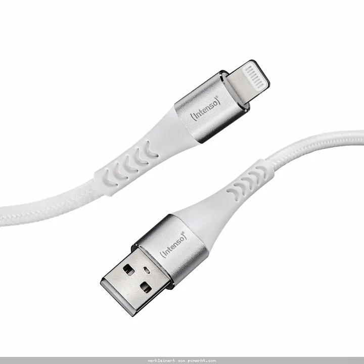 Intenso USB-Kabel A315L Nylon 1,5m weiß, USB-A und Lightning Anschluss, max. 12 Watt