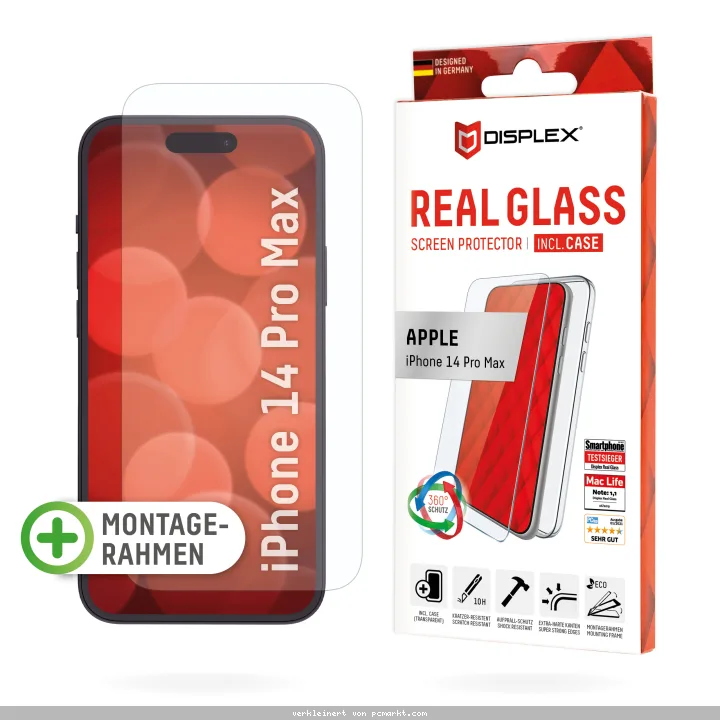 DISPLEX Panzerglas (10H) + Schutzhülle für Apple iPhone 14 Max Schutzhülle, Eco-Montagerahmen, kratzer-resistente Glasschutzfolie