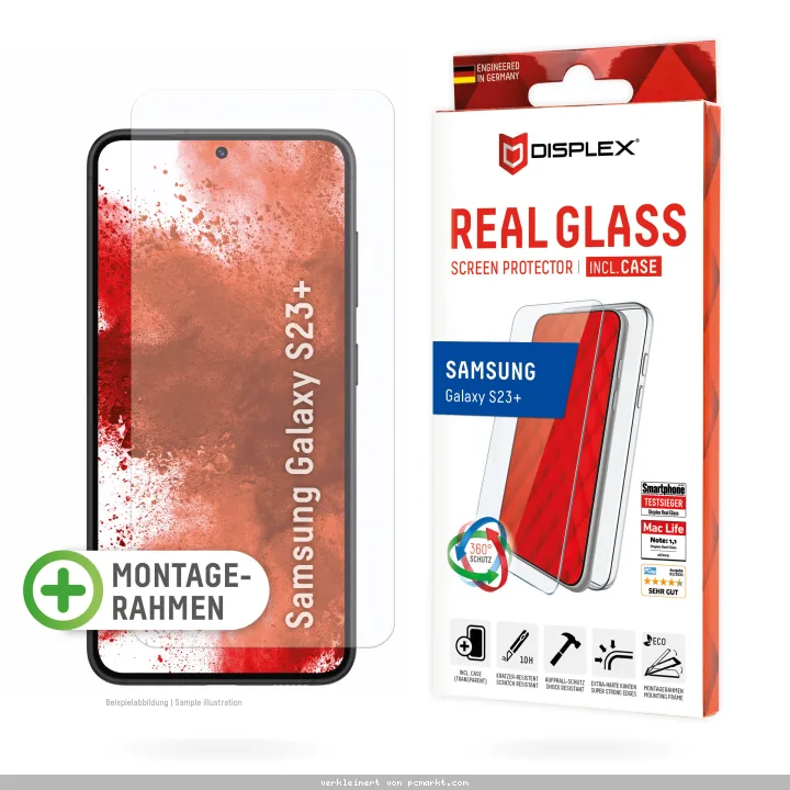 DISPLEX Panzerglas (10H) + Schutzhülle für Samsung S22+/S23+, Schutzhülle, Eco-Montagerahmen, kratzer-resistente Glasschutzfolie