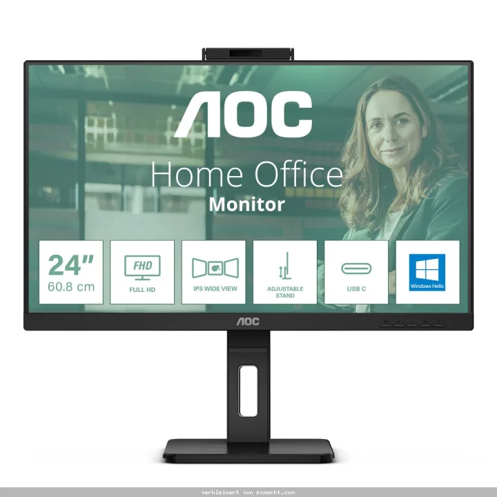 AOC 24P3CW 24 Zoll Full HD Monitor, 5 MP Webcam, höhenverstellbar, Lautsprecher (1920x1080, 75 Hz, HDMI, DisplayPort (in/out), USB-C