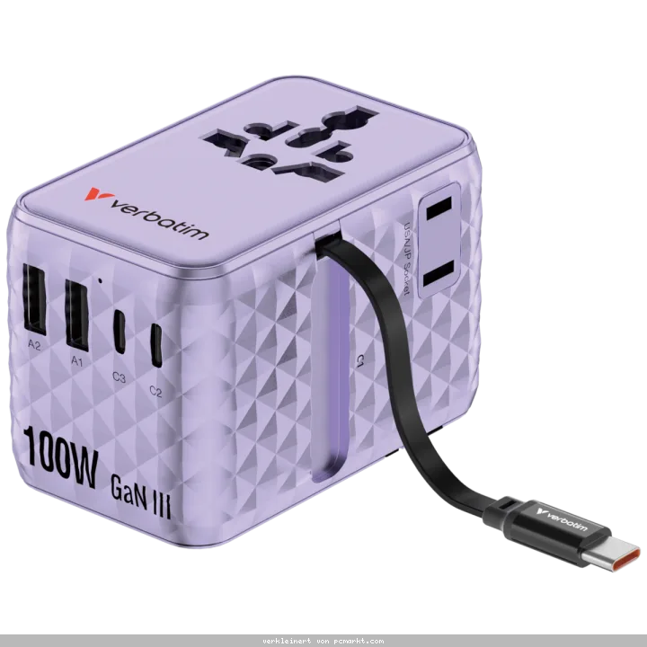Verbatim Charge 'n' Travel 100W GaN III Universal Travel Adapter with Retractable USB-C Cable, 2 x USB-C, 2 x USB-A ports Blau