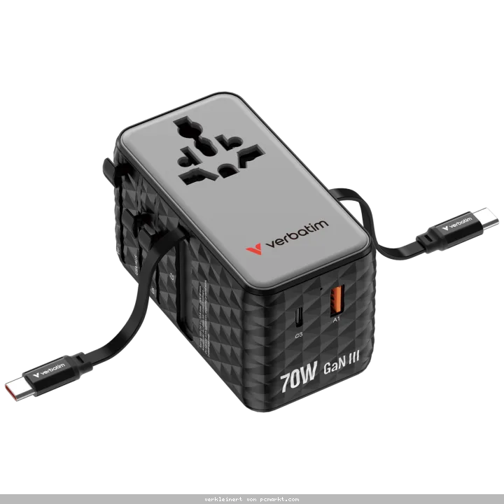 Verbatim Charge 'n' Travel 70W GaN III Universal Travel Adapter with 2 Retractable USB-C Cables, 1 x USB-C, 1 x USB-A ports Schwarz