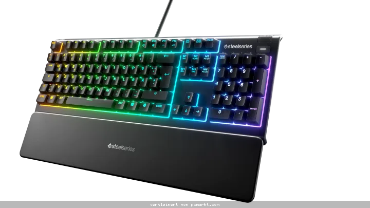 SteelSeries Apex 3 Gaming Tastatur, kabelgebunden, 10-Zonen RGB-Beleuchtung, IP32 wassergeschützt, Premium magnetische Handballe