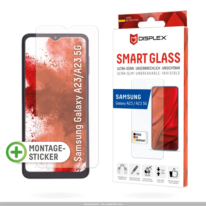 DISPLEX Smart Glass (9H) für Samsung Galaxy A23/A23 5G Montagesticker, unzerbrechlich, ultra-dünn, unsichtbar