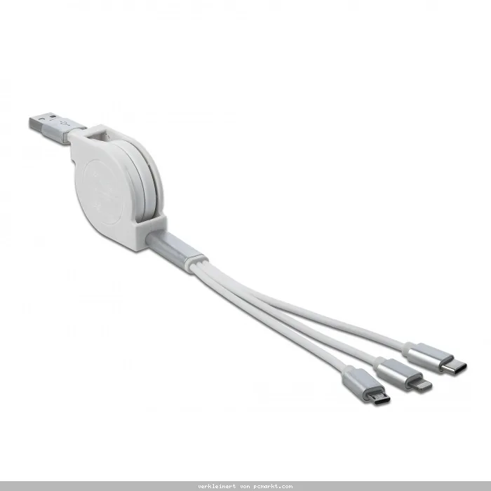 Delock USB Typ-A 3 in 1 Aufrollladekabel für Lightning™ / Micro USB / USB Type-C™ weiß