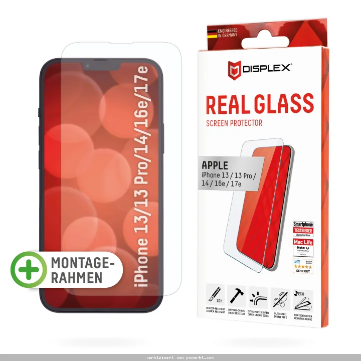 DISPLEX Panzerglas 2D/ Clear für iPhone 13/13 Pro/14/16e/17e Eco-Montagerahmen, Tempered Glas, kratzer-resistente Schutzfolie, hüllenfreundlich