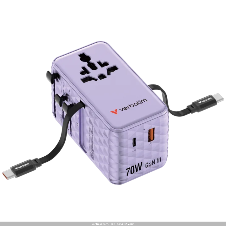 Verbatim Charge 'n' Travel 70W GaN III Universal Travel Adapter with 2 Retractable USB-C Cables, 1 x USB-C, 1 x USB-A ports Lila