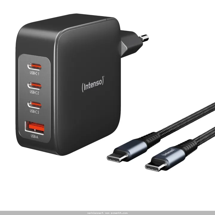 Intenso Power Adapter W140A3C GaN + C520C Kabel Beeindruckende Leistung von 140 W, 1x USB-A und 3x USB-C Ports, incl. USB-C zu C Kabel C520C