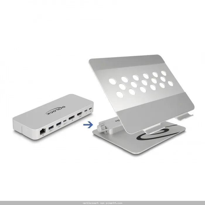 Delock Tablet und Notebook Ständer mit integrierter Dockingstation 4K - HDMI / DisplayPort / LAN / Hub / HDR / PD