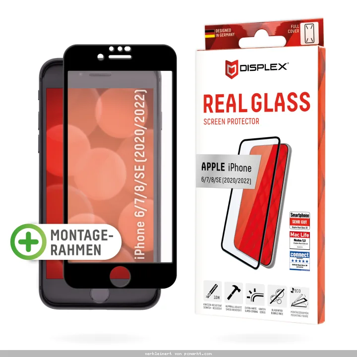 DISPLEX Full Cover Panzerglas (10H) für Apple iPhone 6/7/8/SE (2020/2022), Eco-Montagerahmen, volle Displayabdeckung, Tempered Glas, kratzer-resistent