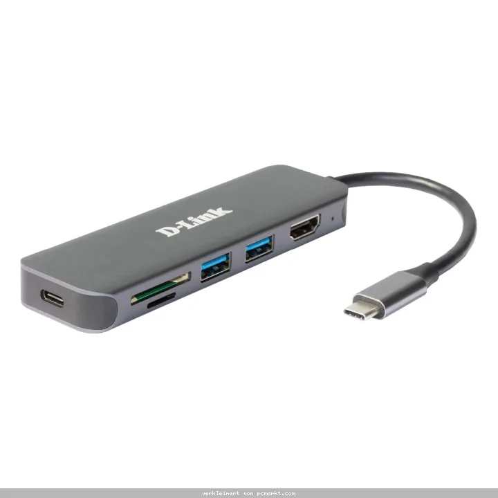 D-Link DUB-2327 USB-Hub mit HDMI, Kartenleser und Ladefunktion 1x USB-C mit PD, 2x USB-A 3.0, 1x HDMI 1.4, 1x microSD Slot, 1x SD Card Slot