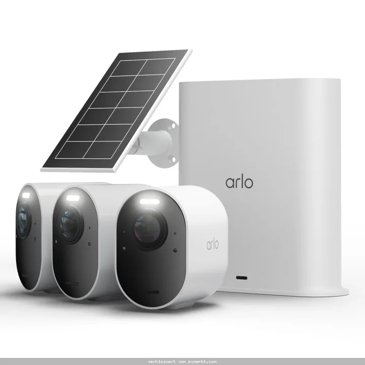 Arlo Ultra 3 Kamera Weiß 3er Set inkl. Smart Hub und Solarpanel 4K Auflösung, WLAN, Akku/Solarstrom, IP65 Wetterfest, 180° Blickwinkel