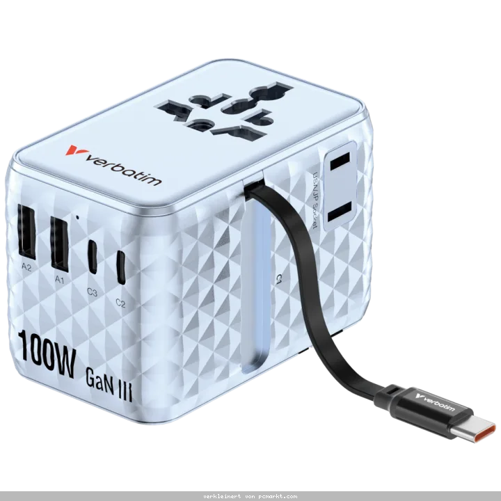 Verbatim Charge 'n' Travel 100W GaN III Universal Travel Adapter with Retractable USB-C Cable, 2 x USB-C, 2 x USB-A ports Blau
