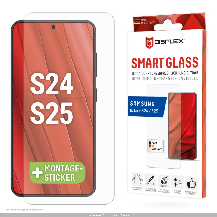 DISPLEX Smart Glass (9H) für Samsung Galaxy S24/S25 Montagesticker, unzerbrechlich, ultra-dünn, unsichtbar