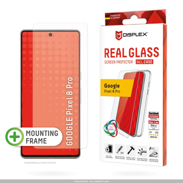DISPLEX Panzerglas 2D/ Clear (10H) für Google Pixel 8 Pro Eco-Montagerahmen, Tempered Glas, kratzer-resistente Schutzfolie, hüllenfreundlich