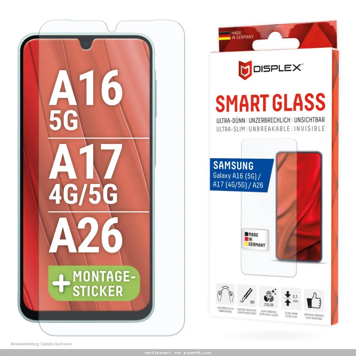DISPLEX Smart Glasschutzfolie für Samsung Galaxy A16/A17/A26 ultra-dünn, Anti-Fingerprint Coating, Kratzer-resistent
