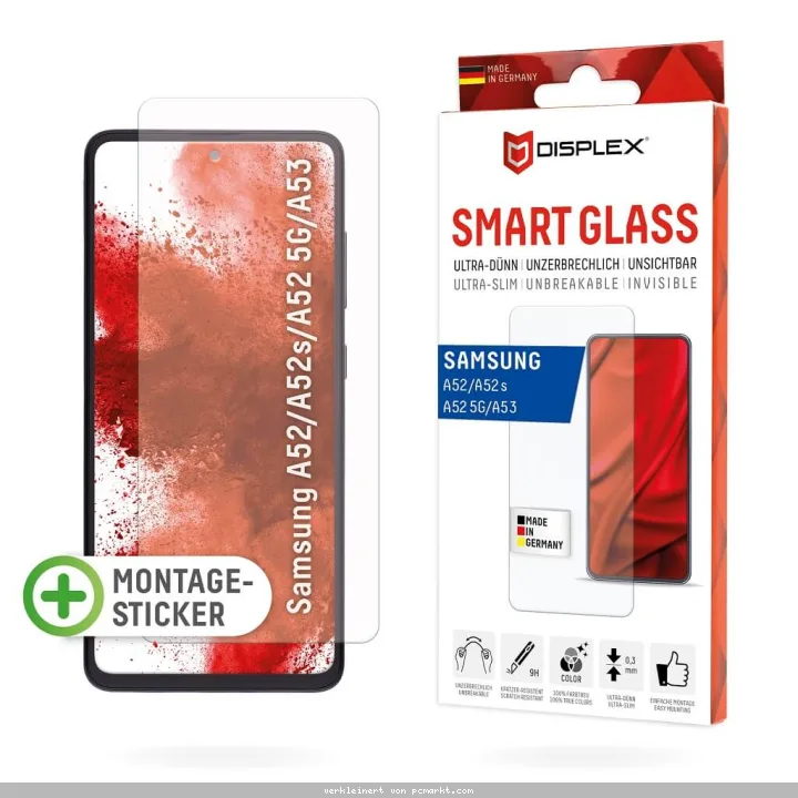 DISPLEX Smart Glass (9H) für Samsung Galaxy A52/A52(s) 5G/A53 5G Montagesticker, unzerbrechlich, ultra-dünn, unsichtbar
