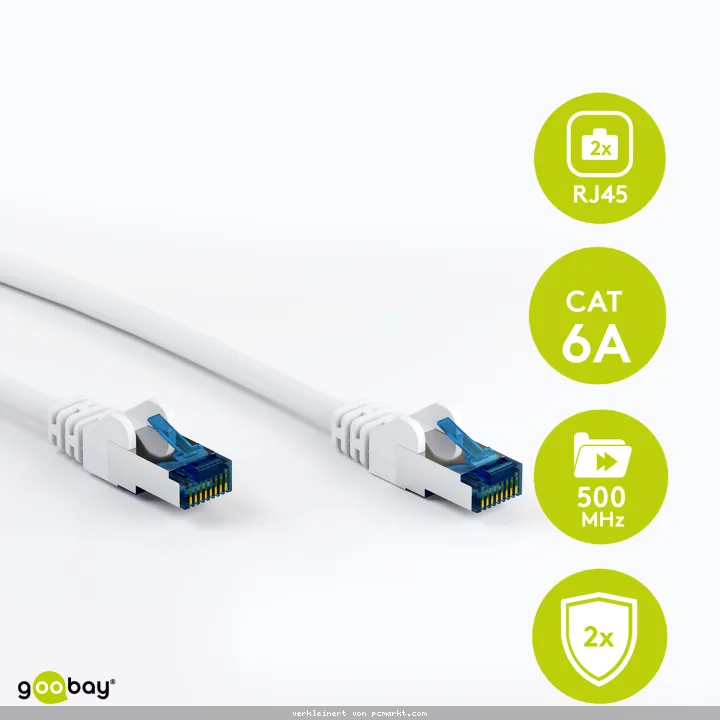 Goobay 0.5m RJ45 Patchkabel CAT 6A S/FTP (PiMF), 500 MHz, mit CAT 7 Rohkabel, weiß LSZH halogenfrei, Kupfer