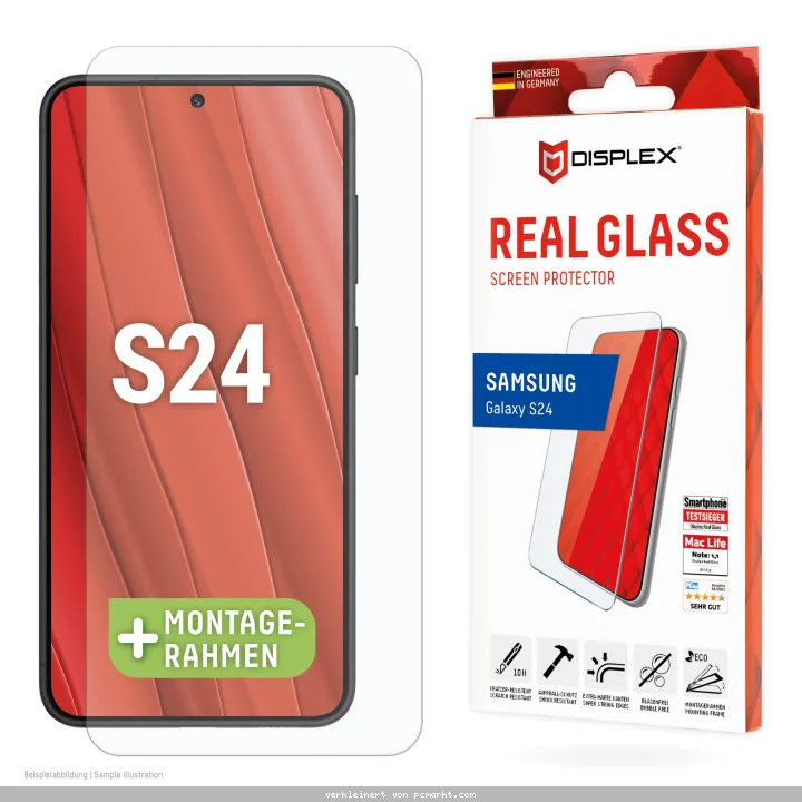 DISPLEX Panzerglas 2D/ Clear (10H) für Samsung Galaxy S24 Eco-Montagerahmen, Tempered Glas, kratzer-resistente Schutzfolie, hüllenfreundlich