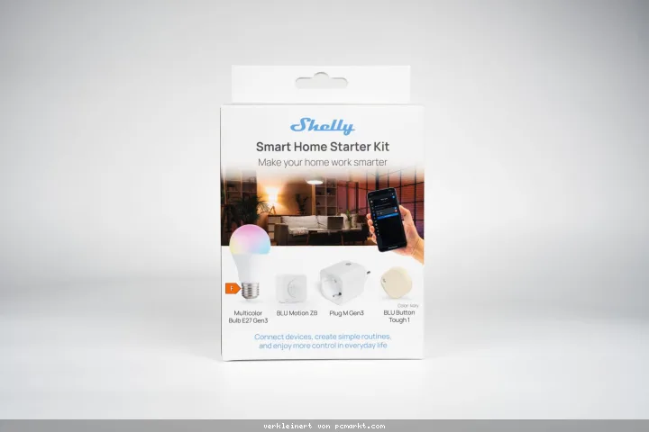 Shelly Smart Home Starter Kit 1x Multicolor Bulb E27 Gen3 · 1x BLU Motion ZB · 1x Plug M Gen3 · 1x BLU Button Tough 1
