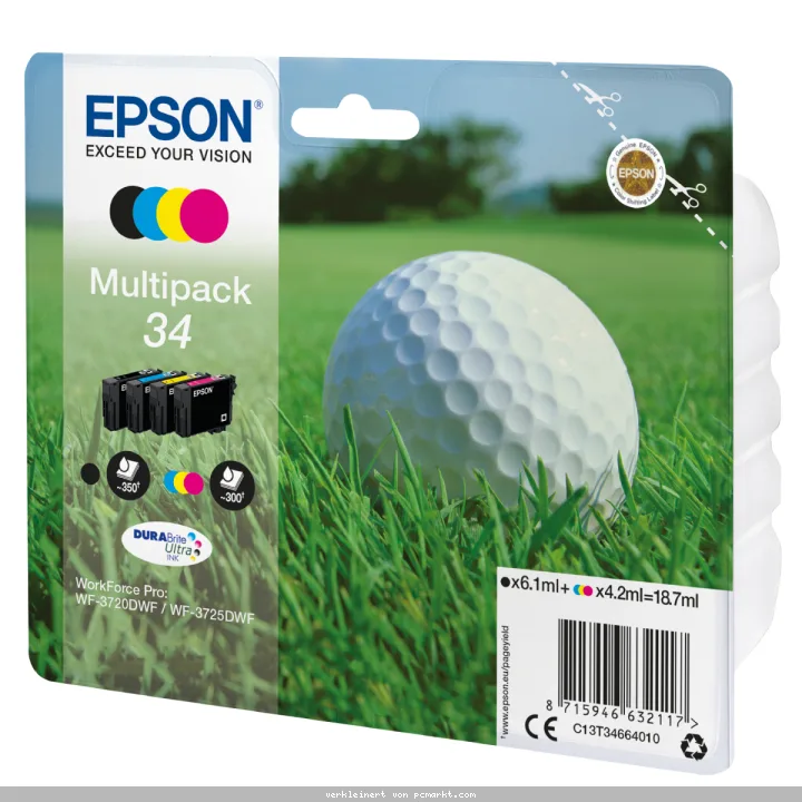 Epson 34 Tintenpatronen 4er-Pack 4x Farben DURABrite Ultra Ink Kompatibilität: WF-3720DWF // WF-3725DWF | 4x Tintenpatronen: Schwarz, Magenta, Gelb &