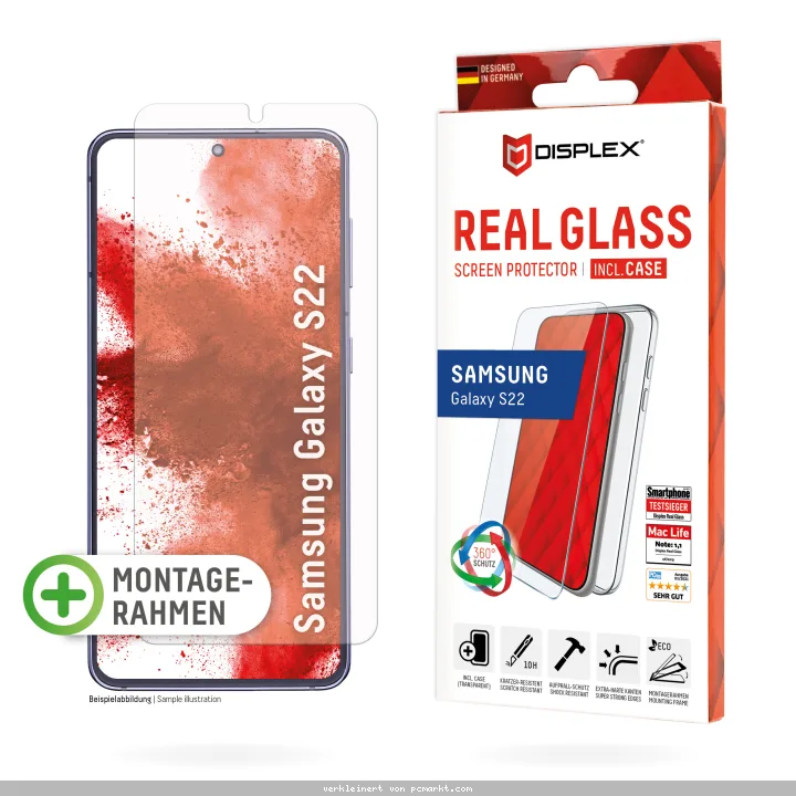 DISPLEX Panzerglas (10H) + Schutzhülle für Samsung Galaxy S22 Eco-Montagerahmen, + Case, Tempered Glas, kratzer-resistente Schutzfolie