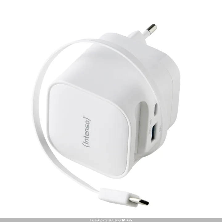 Intenso Power Adapter W65ACIC GaN white Schnellladegerät mit 65 W Leistung, Leistungsstarke GaN-Technologie, Ausziehbares 70 cm Kabel