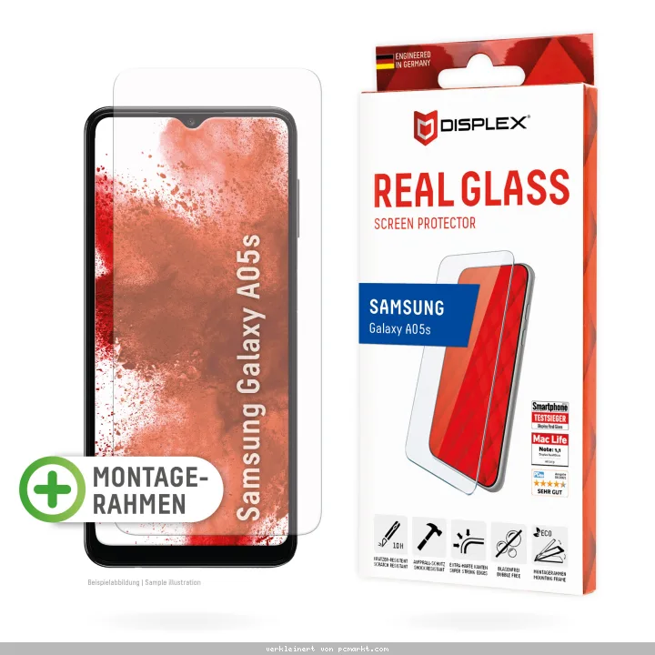 DISPLEX Panzerglas 2D/ Clear (10H) für Samsung Galaxy A05s Eco-Montagerahmen, Tempered Glas, kratzer-resistente Schutzfolie, hüllenfreundlich