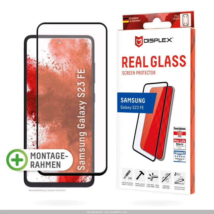 DISPLEX Full Cover Panzerglas (10H) für Samsung Galaxy S23 FE Eco-Montagerahmen, volle Displayabdeckung, Tempered Glas, kratzer-resistente Schutzfolie