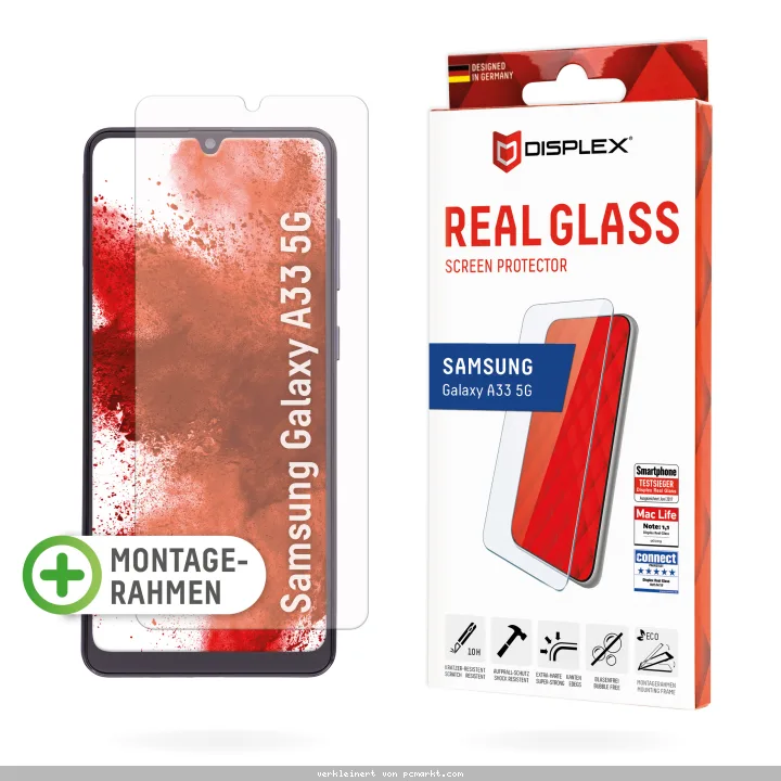 DISPLEX Panzerglas 2D/ Clear (10H) für Samsung Galaxy A33 5G Eco-Montagerahmen, Tempered Glas, kratzer-resistente Schutzfolie, hüllenfreundlich