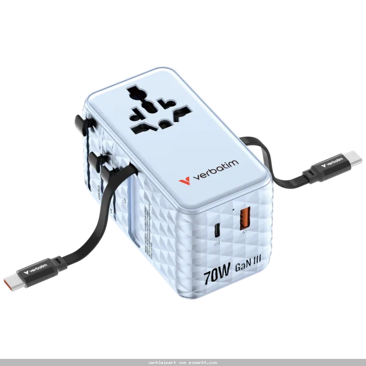 Verbatim Charge 'n' Travel 70W GaN III Universal Travel Adapter with 2 Retractable USB-C Cables, 1 x USB-C, 1 x USB-A ports Blau
