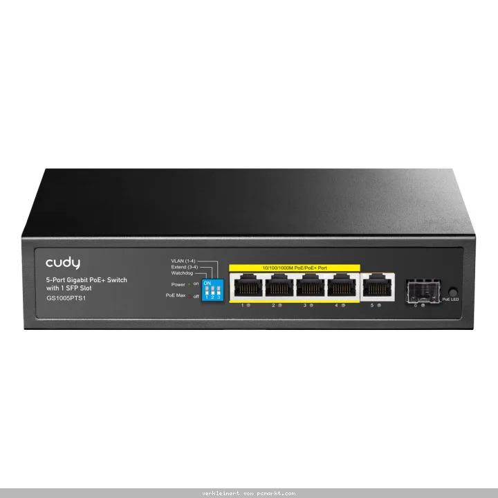 Cudy GS1005PTS1 Netzwerk-Switch 6-Port, Unmanaged, 5x Gigabit RJ45, 1x Gigabit SFP, 4x PoE+, 120W