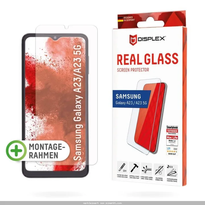 DISPLEX Panzerglas 2D/ Clear (10H) für Samsung Galaxy A23 5G Eco-Montagerahmen, Tempered Glas, kratzer-resistente Schutzfolie, hüllenfreundlich