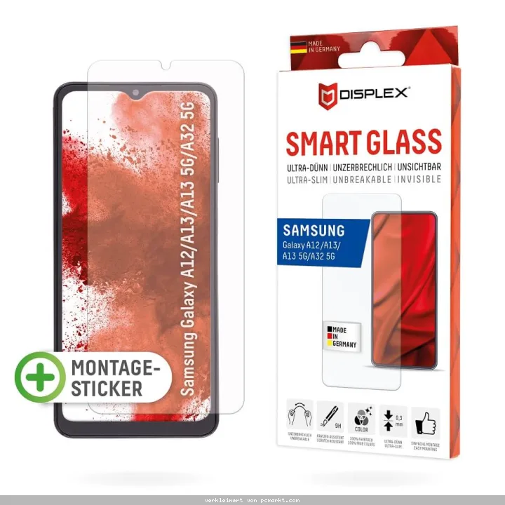 DISPLEX Smart Glass (9H) für Samsung Galaxy A12/A13 (NE)/A32 5G Montagesticker, unzerbrechlich, ultra-dünn, unsichtbar